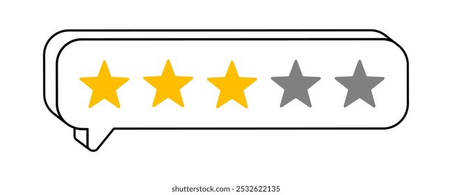 Hand drawn cute cartoon illustration of speech bubble with three rating stars. Flat vector customer positive feedback doodle. Online review sticker. Client satisfaction. Good quality. Isolated.
