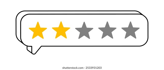 Mão desenhou ilustração de desenho animado bonito de balão de fala com duas estrelas de classificação. Feedle de retroalimentação aceitável para o cliente de vetor plano. Autocolante de revisão online. Satisfação do cliente. Qualidade média. Isolado.