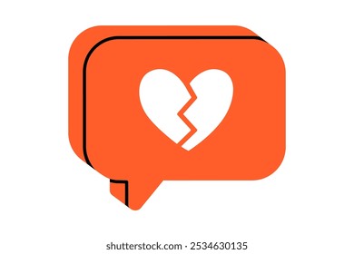 Hand drawn cute cartoon illustration speech bubble with broken heart. Flat vector disagree message doodle. Negative reaction. Social media addiction icon. Dating app. Dislike from follower. Isolated.