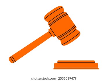 Mão desenhado bonito desenho desenho desenho de desenho animado juiz gavel. Martelo de advogado de vetor plano em estilo doodle. Ícone ou impressão de veredito de crime. Conceito de justiça e direito. Controle e ordem. Legislação governamental. Isolado.