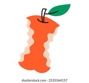 Dibujado a mano linda ilustración de dibujos animados de núcleo de manzana. Vector plano reciclando basura o contaminación ambiental en estilo doodle. Basura orgánica. Etiqueta engomada de la comida sana, icono. Clasificación de residuos. Aislado.