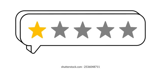 Hand drawn cute cartoon illustration of speech bubble with one rating star. Flat vector customer negative feedback doodle. Online review sticker. Client satisfaction. Bad quality. Isolated.