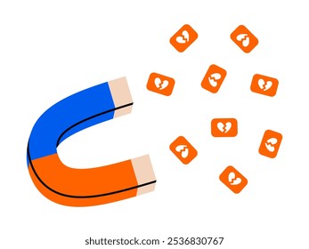 Mão desenhado bonito desenho desenho desenho animado ímã atrai desgostos. Doodle de marketing on-line de vetor plano. Compromisso do cliente. Ícone de dependência de mídias sociais. Reação negativa. Não gosto de seguidor. Isolado