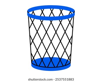 Hand drawn cute cartoon illustration of mesh trash bin. Flat vector metal garbage basket for paper. Environmental pollution design in doodle style. Ecology sticker, icon. Waste sorting. Isolated.