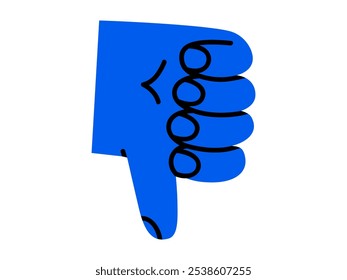 Dibujado a mano linda ilustración de dibujos animados mano con gesto de disgusto. Vector plano pulgares abajo del brazo signo doodle. Reacción negativa. Icono de adicción a las redes sociales. Mensaje de desacuerdo del seguidor. Aislado.