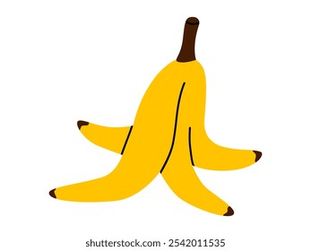 Hand drawn cute cartoon illustration of banana peel. Flat vector recycling trash doodle style. Organic garbage. Slip on banana skin sticker, icon. Bad joke or danger accident. Waste sorting. Isolated.