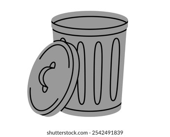 Hand drawn cute cartoon illustration of big garbage can with open lid. Flat vector trash bin, environmental pollution design in colored doodle style. Ecology sticker, icon. Rubbish disposal. Isolated.