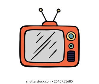 Dibujado a mano linda ilustración de dibujos animados de televisión retro. Pegatina de TV antigua de Vector plano en estilo doodle de color. Antiguas retro TV con el icono aislado de la antena. Ilustración vectorial