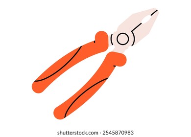 Hand drawn cute cartoon illustration of linesman pliers instrument. Flat vector repair tool in doodle style. Support service hardware icon. Settings or fix problem. Find solution. Isolated.