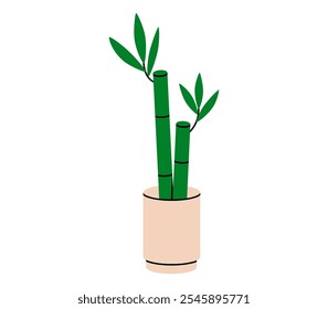 Dibujado a mano linda ilustración de dibujos animados de bambú de la suerte con hojas. Vector plano estilo doodle Dracaena Sanderiana. Pide un deseo. Planta talismán icono o pegatina. Símbolo de superstición. Espero lo mejor. Aislado.