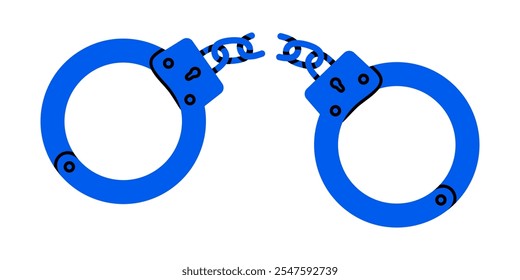 Hand drawn cute cartoon illustration of broken handcuffs. Flat vector freedom concept in doodle style. Slavery or habit liberation icon or print. Justice and law. Metal chain. Break free. Isolated.