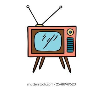 Dibujado a mano linda ilustración de dibujos animados de televisión retro. Pegatina de TV antigua de Vector plano en estilo doodle de color. Antiguas retro TV con el icono aislado de la antena. Ilustración vectorial