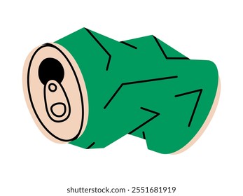 Hand drawn cute cartoon illustration of crumpled soda can. Flat vector recycling metal trash or environmental pollution doodle style. Crushed beverage tin sticker or icon. Waste sorting. Isolated.