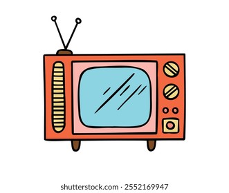 Dibujado a mano linda ilustración de dibujos animados de televisión retro. Pegatina de TV antigua de Vector plano en estilo doodle de color. Antiguas retro TV con el icono aislado de la antena. Ilustración vectorial