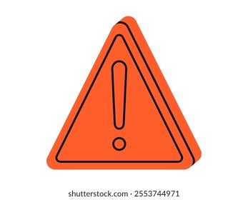 Hand drawn cute cartoon illustration of triangle warning sign. Flat vector forbidden warning message in doodle. Exclamation mark. Social media icon or sticker. Caution symbol. Access denied. Isolated.