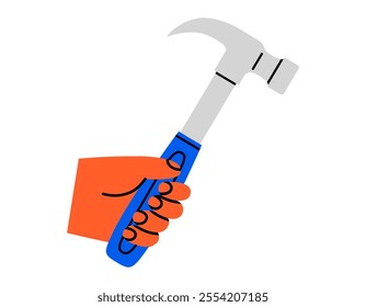 Hand drawn cute cartoon illustration of hand with hammer. Flat vector repair tool in human arm doodle style. Support service hardware icon. Settings or fix problem. Find solution. Isolated.