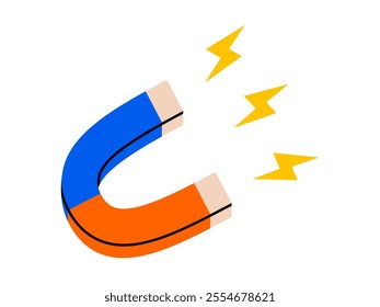 Hand drawn cute cartoon illustration magnet with lightning. Flat vector online marketing doodle. Customer engagement. Social media likes icon. Strategy of popularity. Love from follower. Isolated.