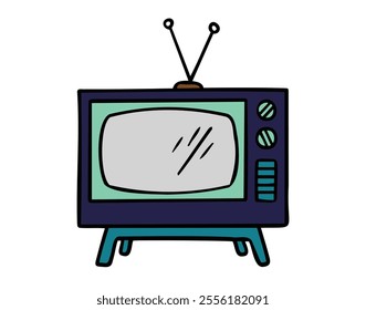 Hand drawn cute cartoon illustration of retro television. Flat vector old TV sticker in colored doodle style. Vintage retro TV with antenna isolated icon. Vector illustration