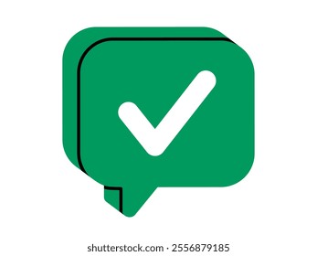 Hand drawn cute cartoon illustration of speech bubble with check mark. Flat vector positive answer in doodle style. Correct choice. Social media icon. Accept or confirm. Verification tick. Isolated.