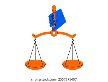 Hand drawn cute cartoon illustration hand holding balance scales. Flat vector mass measurement device in arm doodle. Equal in weight bowls icon. Justice or law. Equilibrium and control. Isolated.