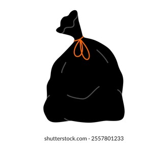 Hand drawn cute cartoon illustration of big garbage bag. Flat vector black plastic package with trash, environmental pollution design in colored doodle style. Waste sorting sticker, icon. Isolated.