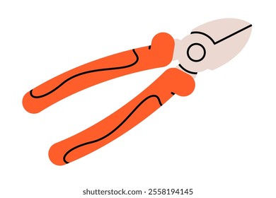 Hand drawn cute cartoon illustration of cutting pliers instrument. Flat vector repair tool in doodle style. Support service hardware icon. Settings or fix problem. Find solution. Isolated.