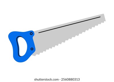 Hand drawn cute cartoon illustration of hand saw instrument. Flat vector sharp repair tool with blade in doodle style. Support service icon. Settings or fix problem sticker. Find solution. Isolated.