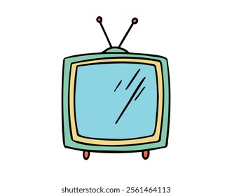 Hand drawn cute cartoon illustration of retro television. Flat vector old TV sticker in colored doodle style. Vintage retro TV with antenna isolated icon. Vector illustration