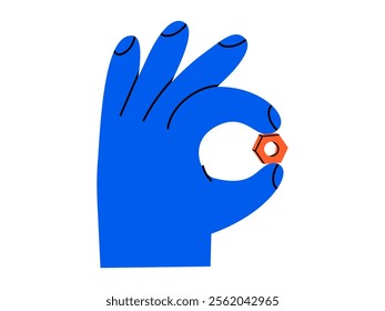 Hand drawn cute cartoon illustration hand with female screw. Flat vector arm holding repair hexagon tool in doodle. Support service nut hardware icon. Settings or fix problem. Find solution. Isolated.