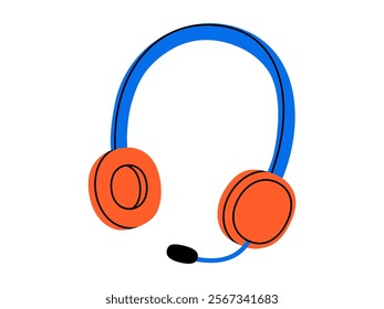 Hand drawn cute cartoon illustration of headphones with microphone. Flat vector wireless headset in doodle style. Support or help service icon. Customer assistance. Call center operator. Isolated.