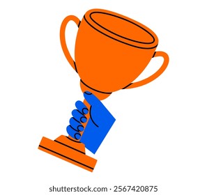 Hand drawn cute cartoon illustration of hand holding award cup. Flat vector competition or contest winner in colored doodle style. Goblet trophy in arm sticker, icon. First place reward. Isolated.