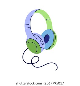 Hand drawn cute cartoon illustration of headphones. Flat vector headset sticker in simple colored doodle style. Music device icon or print. Isolated on white background.