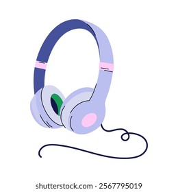 Hand drawn cute cartoon illustration of headphones. Flat vector headset sticker in simple colored doodle style. Music device icon or print. Isolated on white background.