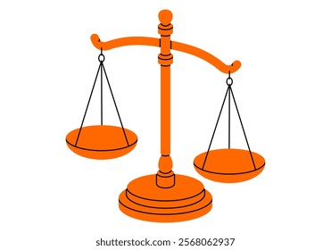 Hand drawn cute cartoon illustration of unbalance scales. Flat vector mass measurement device with tipped bowl doodle style. Inequality in weight icon or print. Justice and law concept. Isolated.