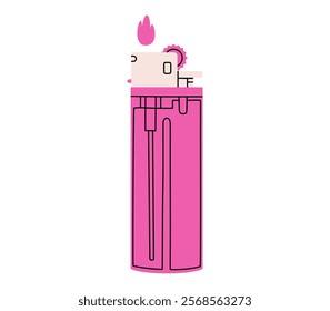 Hand drawn cute cartoon illustration of burning pink lighter. Flat vector fire equipment sticker in doodle style. Cigarette lighter with flame icon. Mental burnout. New idea or startup. Isolated.