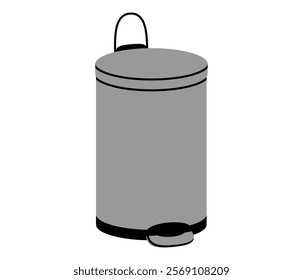 Hand drawn cute cartoon illustration of pedal garbage can with closed lid. Flat vector step on trash bin, environmental pollution doodle style. Ecology sticker, icon. Rubbish disposal. Isolated.