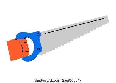 Hand drawn cute cartoon illustration of hand with saw instrument. Flat vector sharp repair tool with blade in arm doodle. Support service icon. Settings or fix problem sticker. Find solution. Isolated