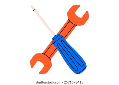 Hand drawn cute cartoon illustration of wrench and screwdriver instrument. Spanner and turn-screw. Flat vector repair tool doodle. Support service hardware icon. Settings or fix problem. Isolated.