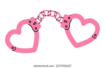 Hand drawn cute cartoon illustration of handcuffs in heart shape. Flat vector partner dependence in doodle style. Complex or habit icon print. Valentine's Day icon. Wedding vow. Isolated.