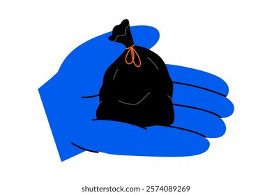 Hand drawn cute cartoon illustration of hand holding garbage bag. Flat vector black plastic package with trash in arm. Environmental pollution design doodle. Waste sorting sticker, icon. Isolated.