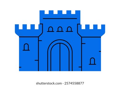 Hand drawn cute cartoon illustration of medieval castle. Flat vector protection building sticker in doodle style. Safety fortress tower icon. Old stone building with wall. Security system. Isolated.