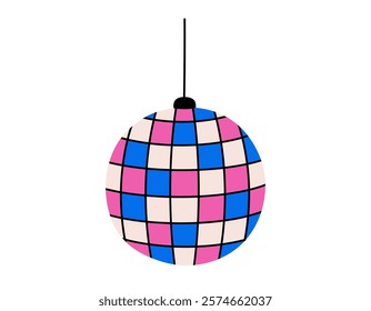 Hand drawn cute cartoon illustration of disco ball. Flat vector club mirror sphere decoration sticker doodle. Nightlife festival. Retro music party concept icon. Celebration event. Isolated.