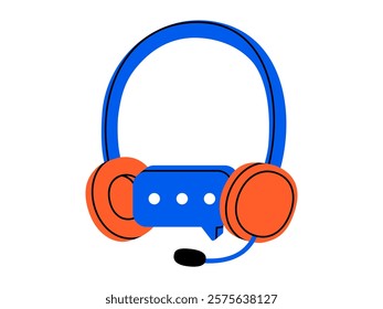 Hand drawn cute cartoon illustration of headphones and speech bubble with three dots. Flat vector headset doodle. Support or help service icon. Customer assistance. Call center operator. Isolated.