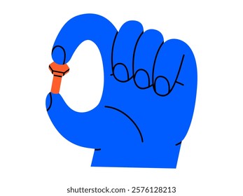 Hand drawn cute cartoon illustration of hand with bolt tool. Flat vector screw repair part in arm doodle style. Support service nut hardware icon. Settings or fix problem. Find solution. Isolated.