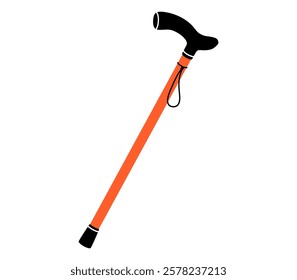 Hand drawn cute cartoon illustration of walking stick. Flat vector disability device doodle. Health care treatment sticker, icon. Rehabilitation hospital cane. Diversity or inclusion. Isolated.