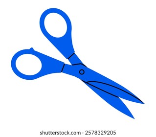 Hand drawn cute cartoon illustration of open scissors. Flat vector shears cutting tool in doodle style. Repair or craft icon or sticker. Haircut symbol. Separation or division sign. Isolated.