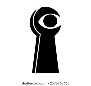 Hand drawn cute cartoon illustration keyhole with eye. Flat vector spying on other people secrets and thoughts sticker doodle. Career or vacancy research icon. Searching for opportunity. Isolated.