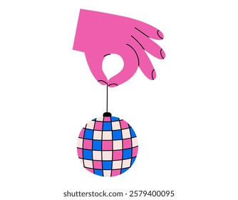 Hand drawn cute cartoon illustration hand holding disco ball. Flat vector club mirror sphere in arm sticker doodle. Nightlife festival. Retro music party concept icon. Celebration event. Isolated.