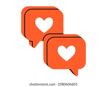 Hand drawn cute cartoon illustration two speech bubbles with heart. Flat vector falling in love message doodle. Online relationships. Valentine's Day icon. Dating app. Romantic couple dialog. Isolated