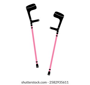 Hand drawn cute cartoon illustration pair of forearm crutches. Flat vector disability device doodle. Health care treatment sticker, icon. Rehabilitation hospital cane. Diversity or inclusion. Isolated